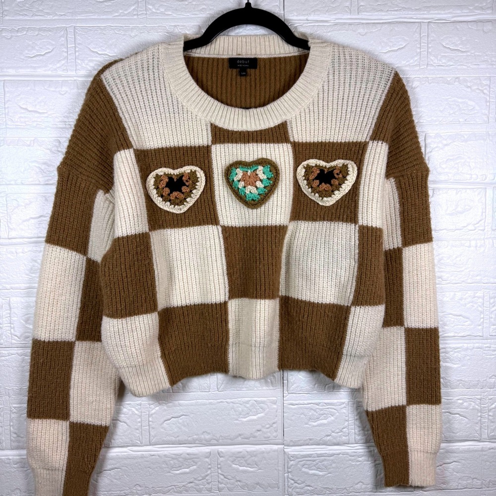 Debut Sweater Womens S/M Brown Ivory Checkered Crochet Heart Patch Knit Crop